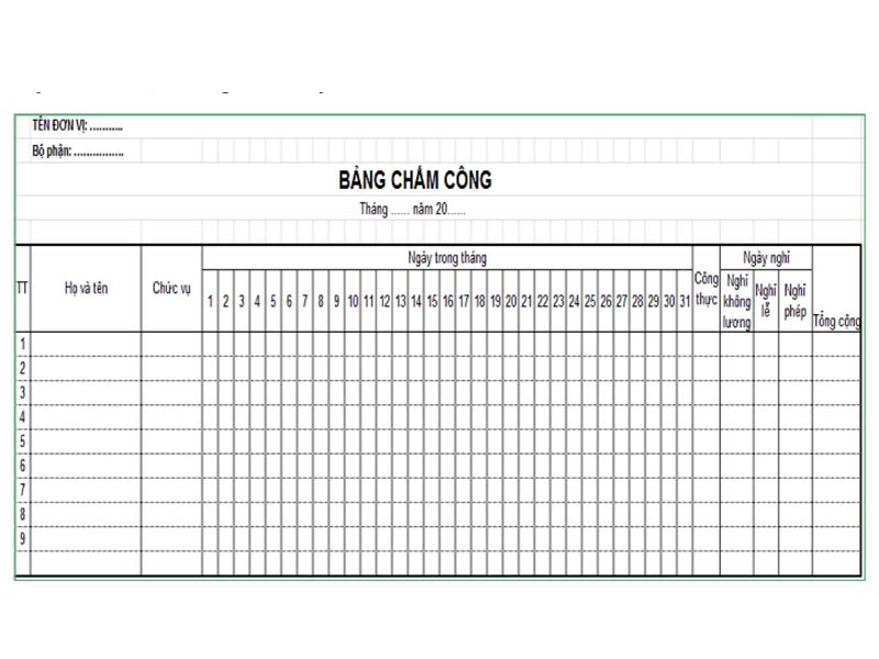 Cấu trúc của bảng chấm công trong Excel là điều nên quan tâm đầu tiên